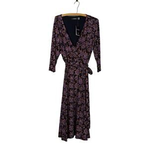Lauren Ralph Lauren Wrap Midi Dress Floral Black Purple 16P NWT
